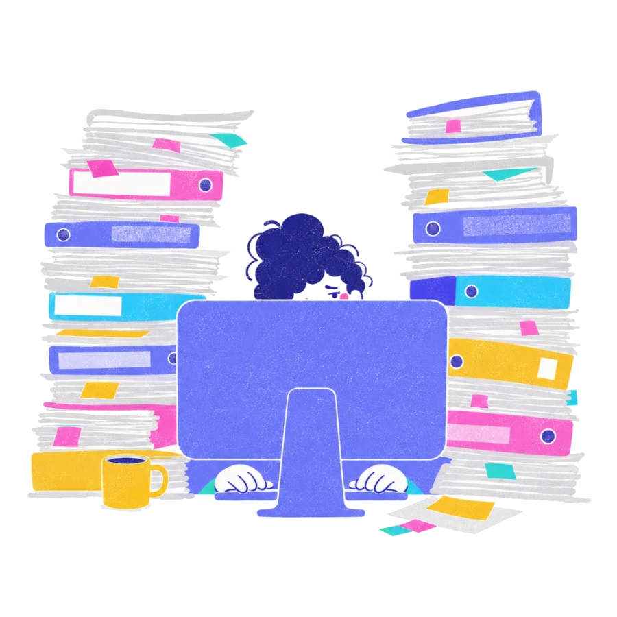 Fenweh: only the top of a person's head visible behind a monitor and towering files, illustrating disappearing behind the work