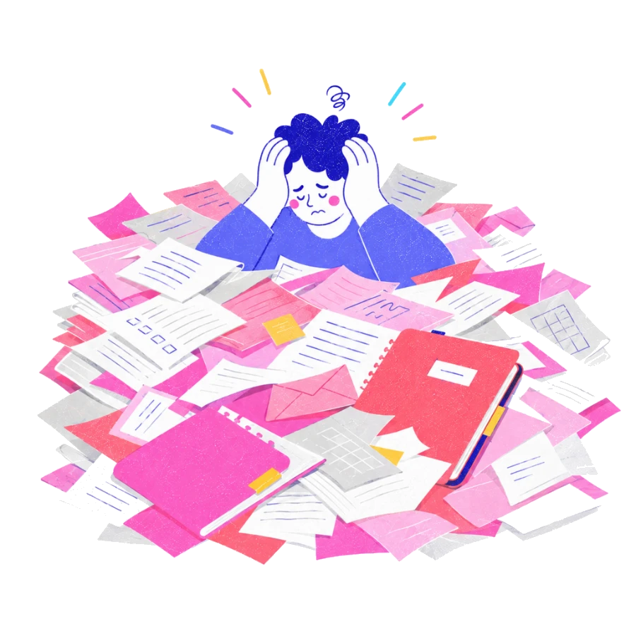 Fenweh: a person holding their head while buried in a mountain of paperwork, illustrating overwhelm as an early sign of burnout