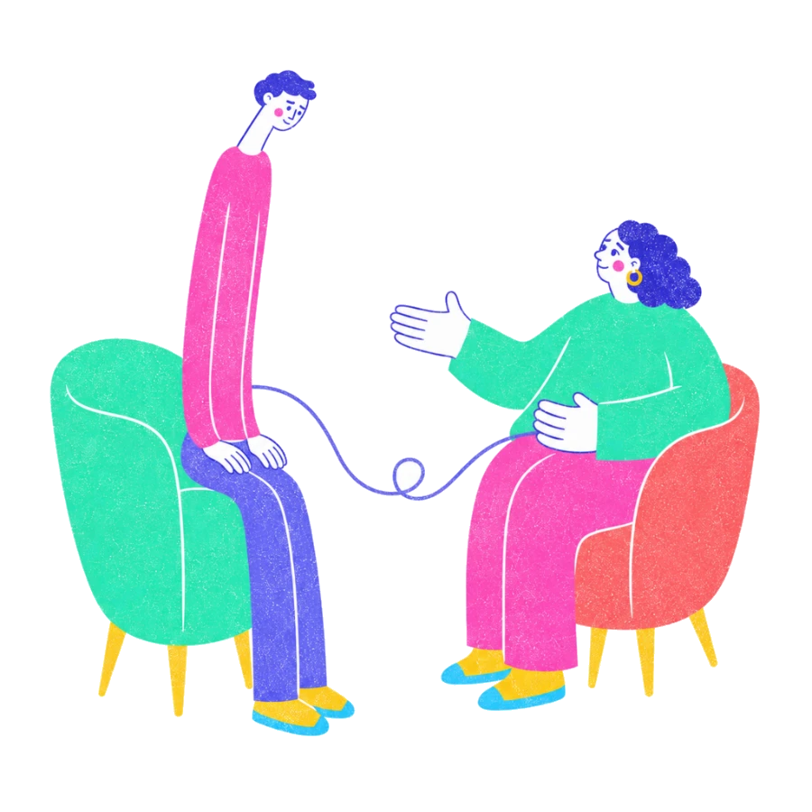 Fenweh: a therapist and a new client meeting for the first time in a bright room, illustrating a first therapy session